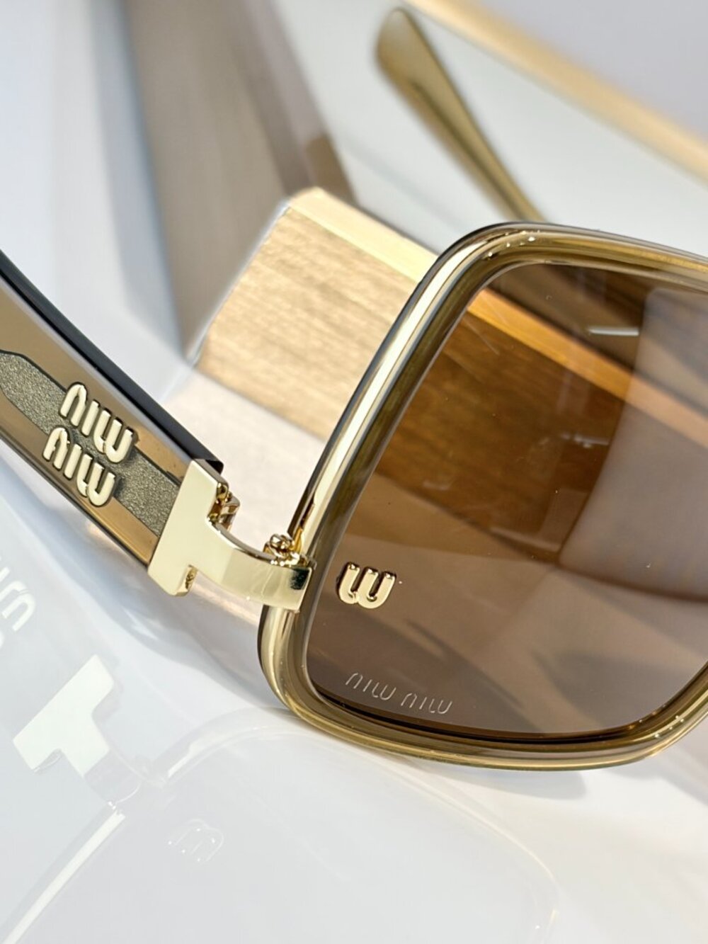 Miu Miu Oversized Square Sunglasses Brown Lenses Gold Olive Frame Women’s - Picture 6 of 9